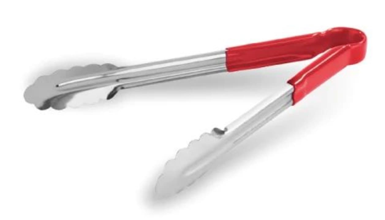 Scalloped tongs 30 cm stainless steel with red PVC handle