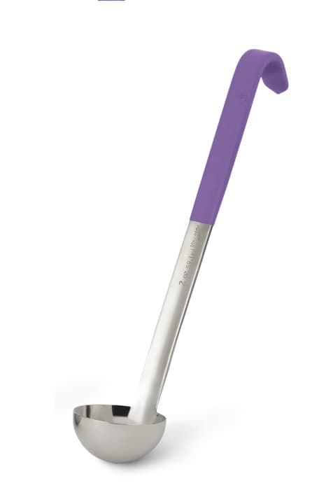 2-ounce one-piece heavy-duty stainless steel ladle with purple Kool-Touch® handle