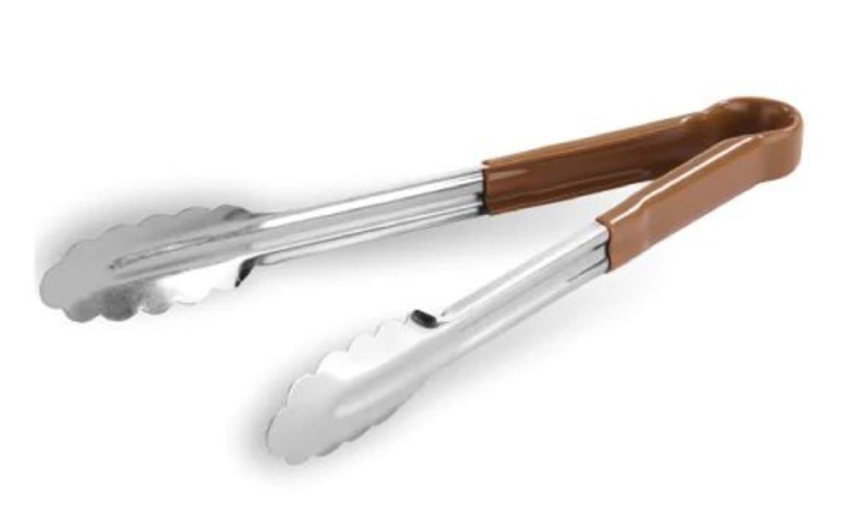 Scalloped tongs 30 cm stainless steel with brown PVC handle