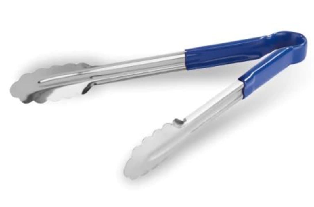 Scalloped tongs 30 cm stainless steel with blue PVC handle
