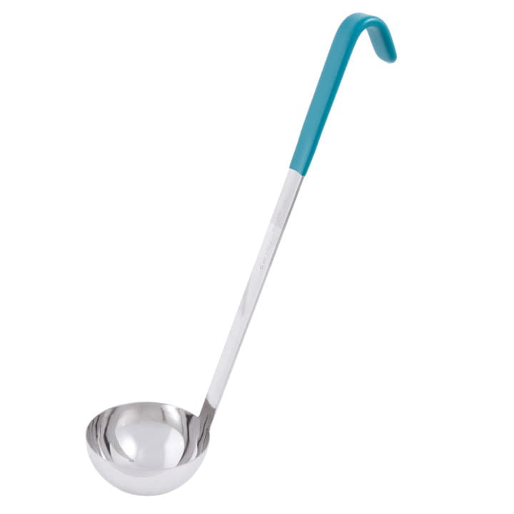 6-ounce one-piece heavy-duty one-piece stainless steel ladle with teal Kool-Touch® handle