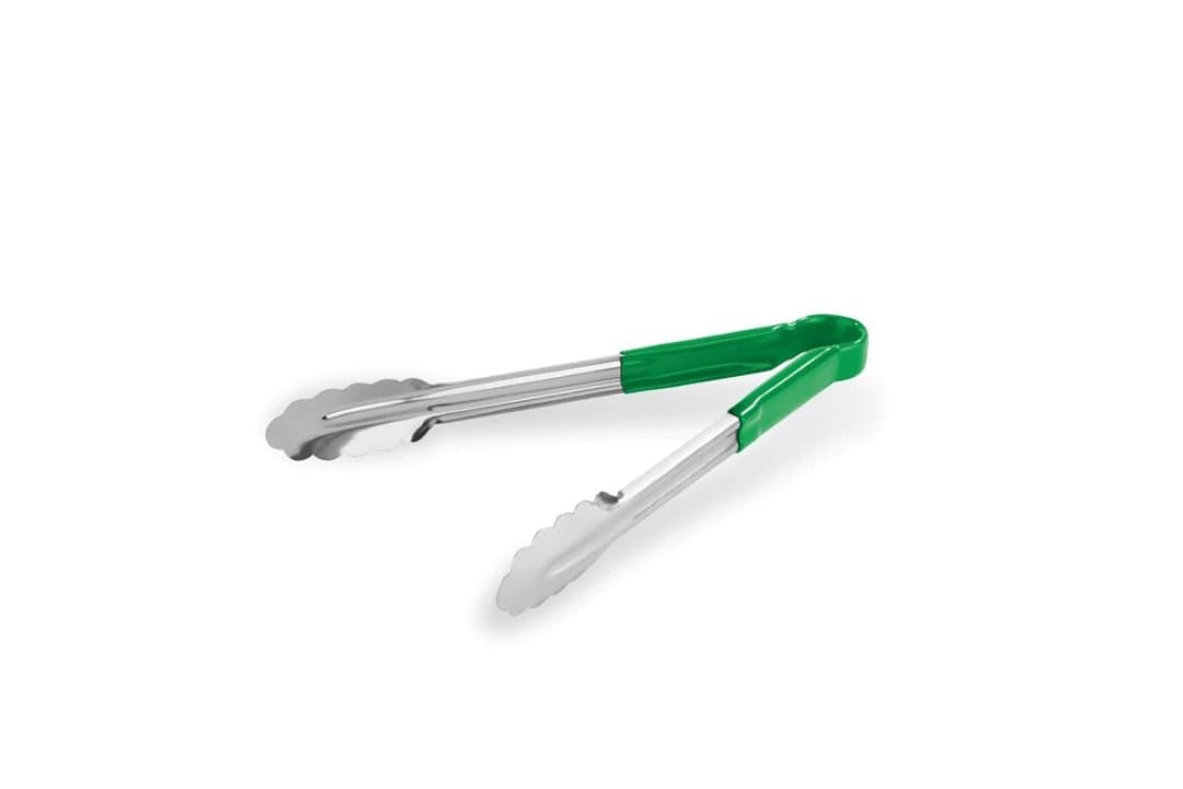 Scalloped tongs 30 cm stainless steel with green PVC handle
