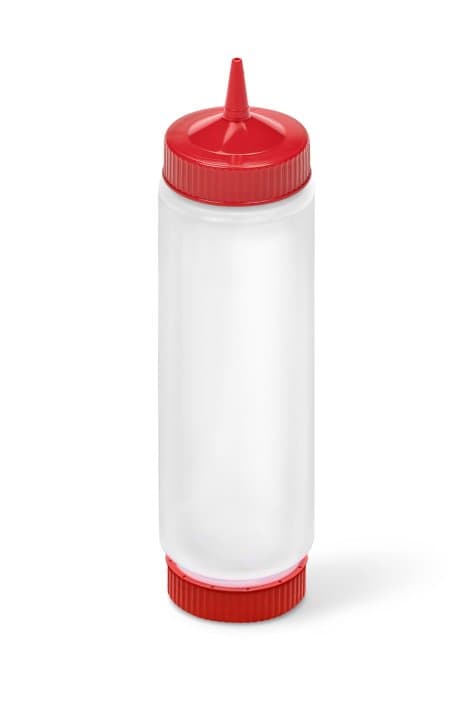 24-ounce Traex® FIFO clear squeeze dispenser with red single tip and red base cap