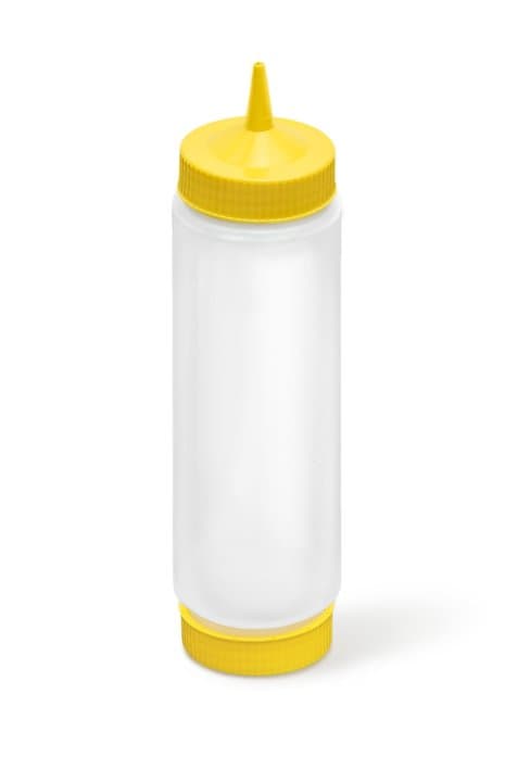 24-ounce Traex® FIFO clear squeeze dispenser with yellow single tip and yellow base cap