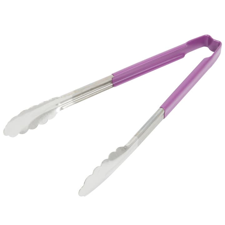 12-inch stainless steel one-piece scalloped tongs with purple Kool-Touch® handle