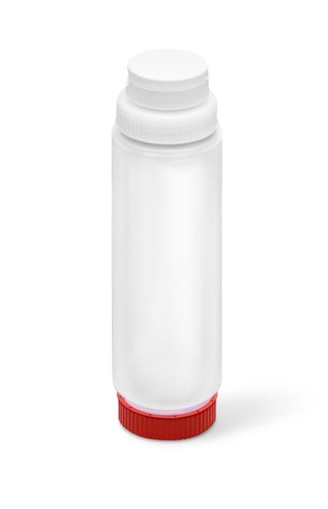 24-ounce Traex® FIFO clear squeeze dispenser with white FlowCut™ cap and red base cap