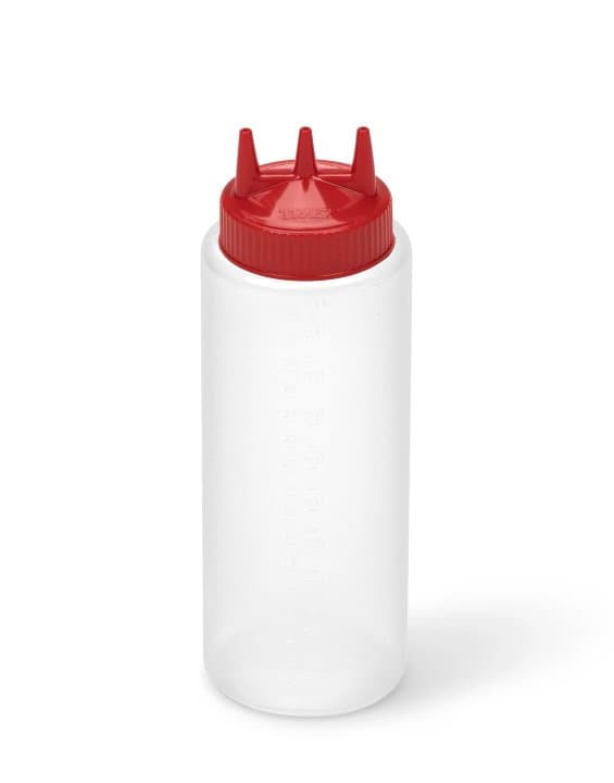 32-ounce Traex® Color-Mate Tri Tip™ wide-mouth clear squeeze dispenser with red top
