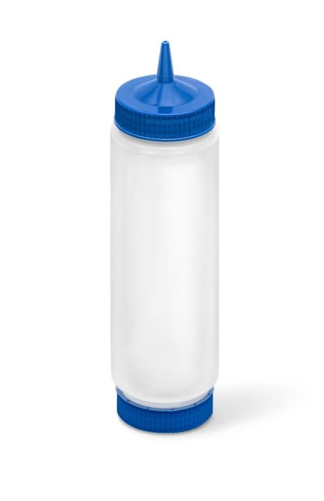 24-ounce Traex® FIFO clear squeeze dispenser with blue single tip and blue base cap