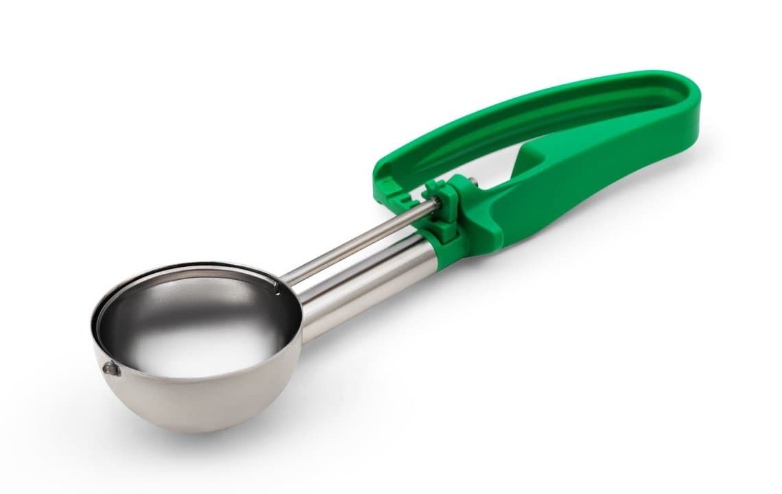 2 ⅘-ounce extended-length disher with green squeeze handle